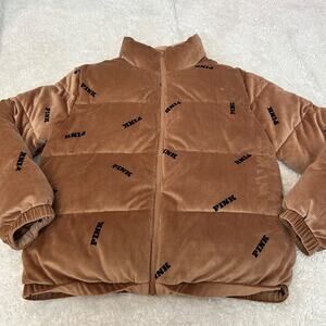 VS Pink Womens Rib Velour Crop Puffer Jacket Color Caramel Sz M Preppy Casual